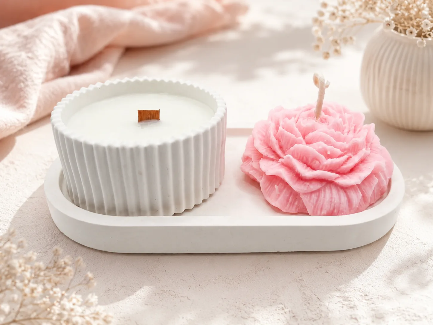 Bougie parfumée blanche et bougie fleur rose fabriquées à la main